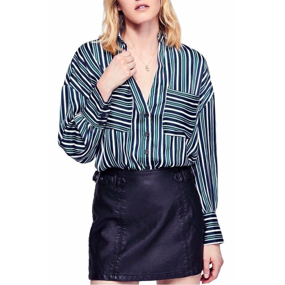 Free People NEW Plunging V-Neck Silky Blouse Top‎